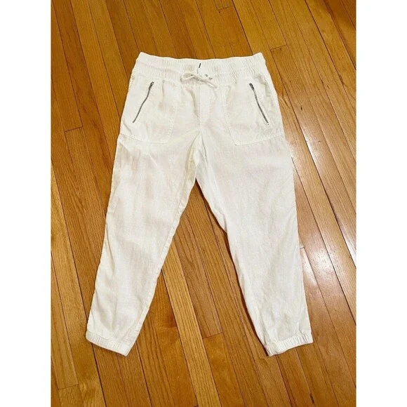Athleta Cabo Linen Joggers Pants Womens Size 8 Petite White Zip Pockets Pull On - Picture 5 of 15